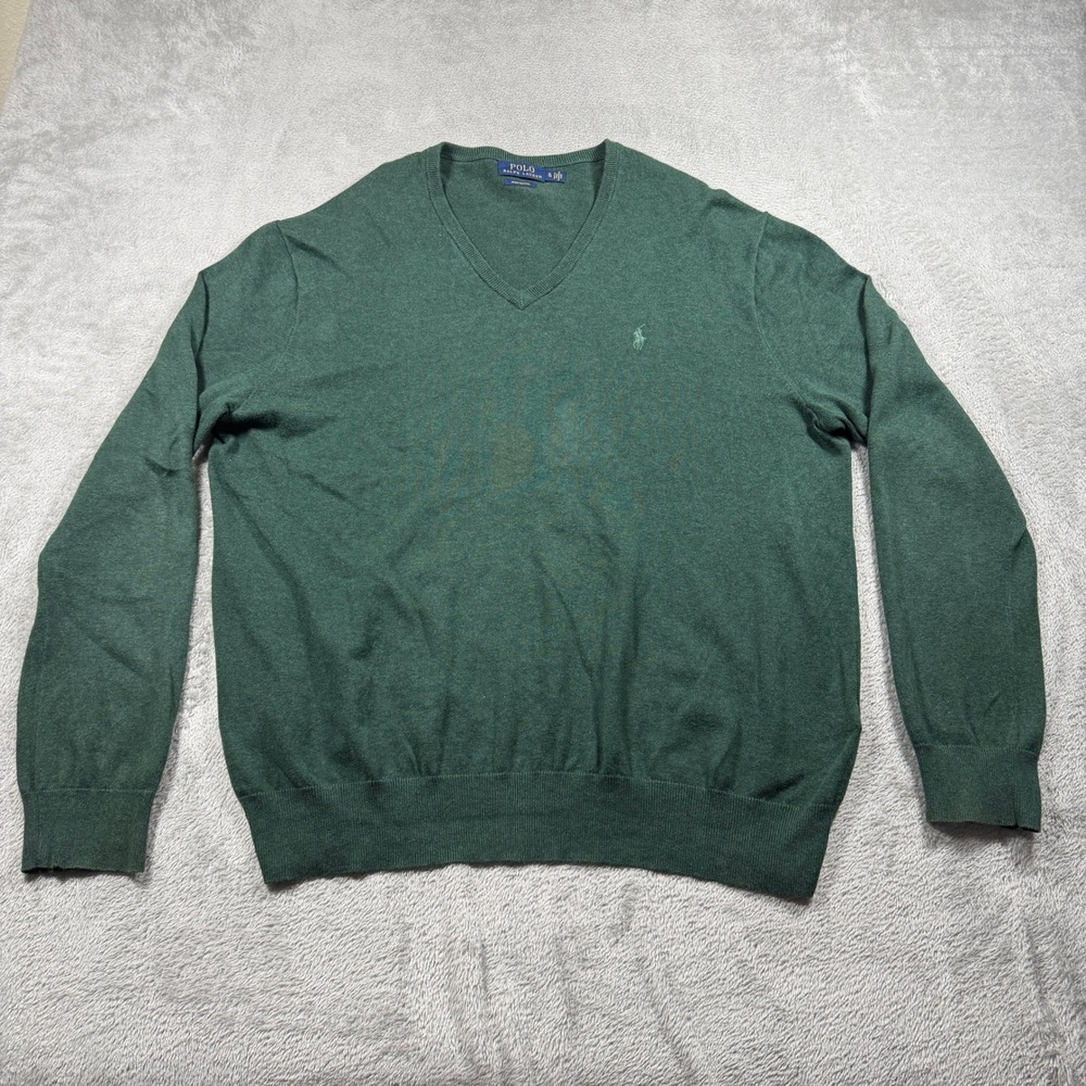 Polo Ralph Lauren V-Neck Sweater Mens XL Green Pima Cotton Classic Preppy